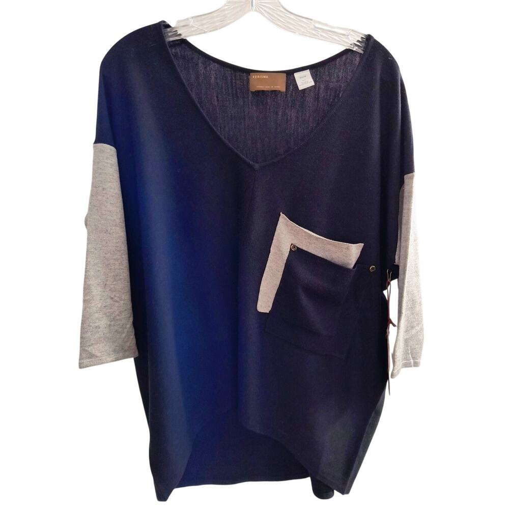 Kerisma 3/4 Sleeve Sweater Women's Size M/L Navy /Gray V Neck Knit Popover Top